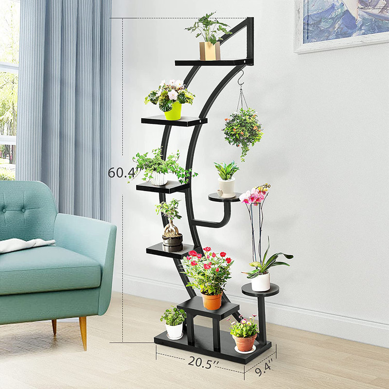 Support pour plante courbé à 6 niveaux avec support, Noir