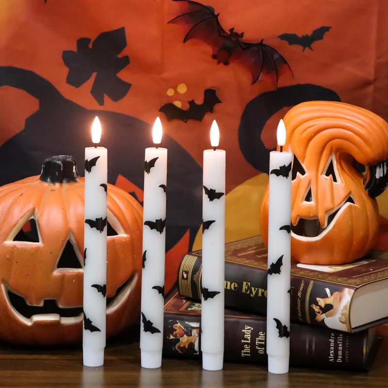 Halloween Flameless Taper Candles - 4 Pack, Remote Timer, 9.65" Flickering LED, Real Wax with Bat Prints, Battery-Operated, Halloween Decor