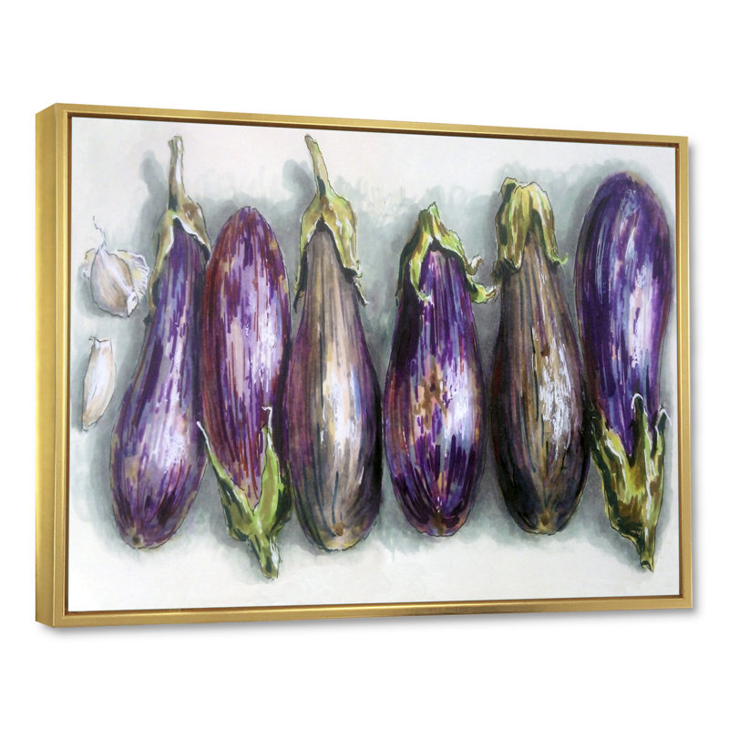 «Eggplants Kitchen Art», reproduction sur toile flottante, H 8 po x l 12 po x P 1 po, Cadre flottant doré