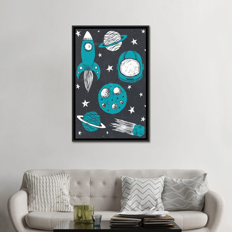 « space age », impression sur toile tendue, H 26 po x l 18 po x P 1,5 po, Toile avec cadre noir, Pas de tapis