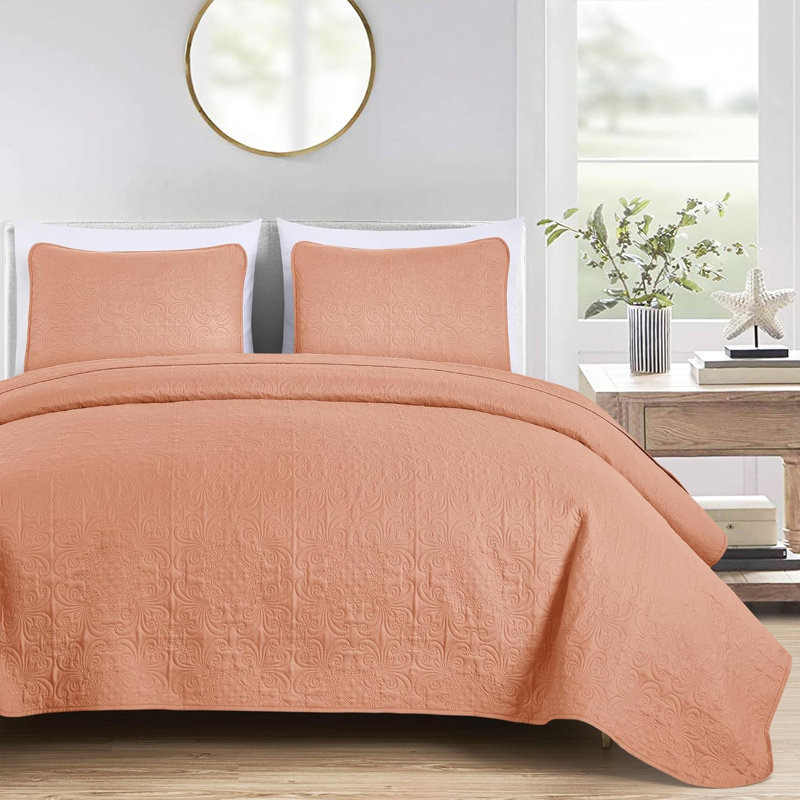 Luca 3-Piece Lightweight Microfiber Oversized Bedspread Set, Queen Coverlet/Bedspread + 2 Standard Shams, Salmon