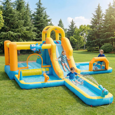 Jeu gonflable avec toboggan gonflable 19,4 pi x 16,5 po ECLIFE, château gonflable avec pataugeoire, mur d'escalade et panier de basketball avec souffleur d'air de 520 W pour s'amuser dans la cour extérieure