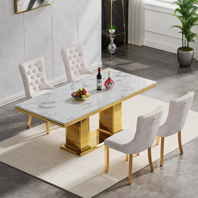 68.11" Dining Table Set, Modern Kitchen Table Set with Imitation Marble Top, Faux Marble Dining Room Table with Velvet Dining Chairs, Modern Dining Table Set for Kitchen Furniture