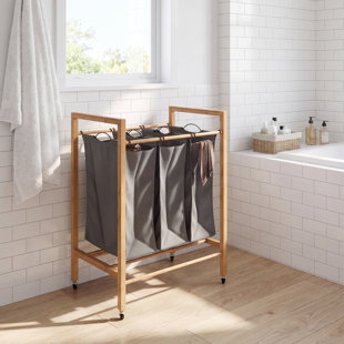 3 Section Bamboo Laundry Cart, Natural & Charcoal