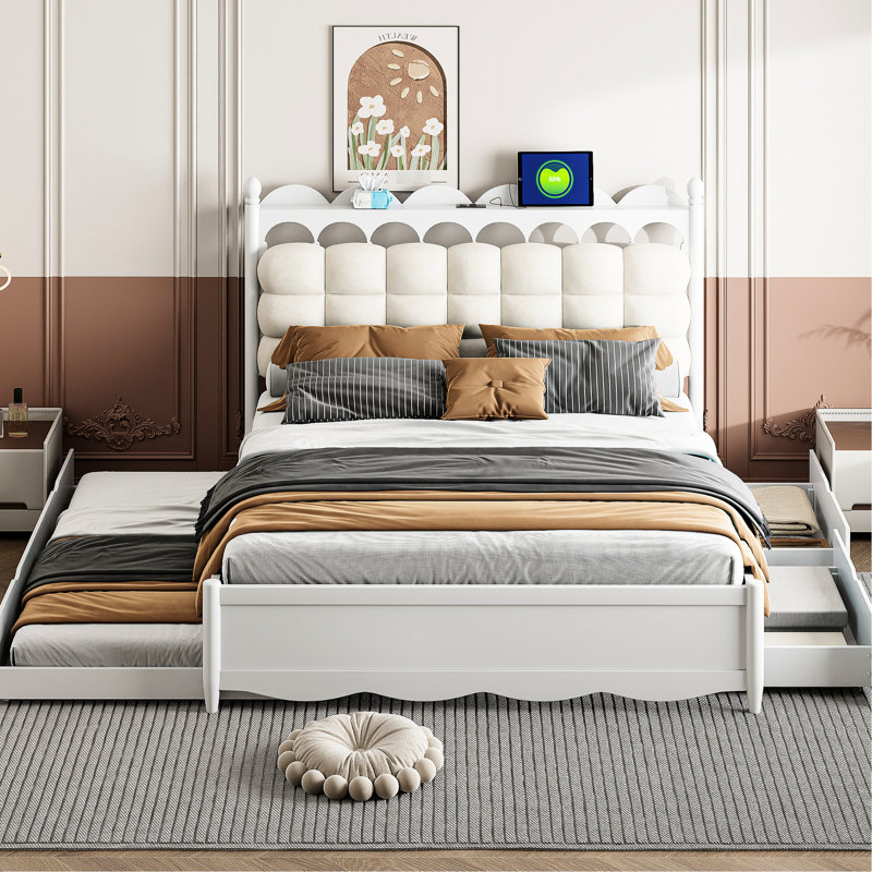 Grand lit plateforme blanc avec tiroirs et lit gigogne, Blanc