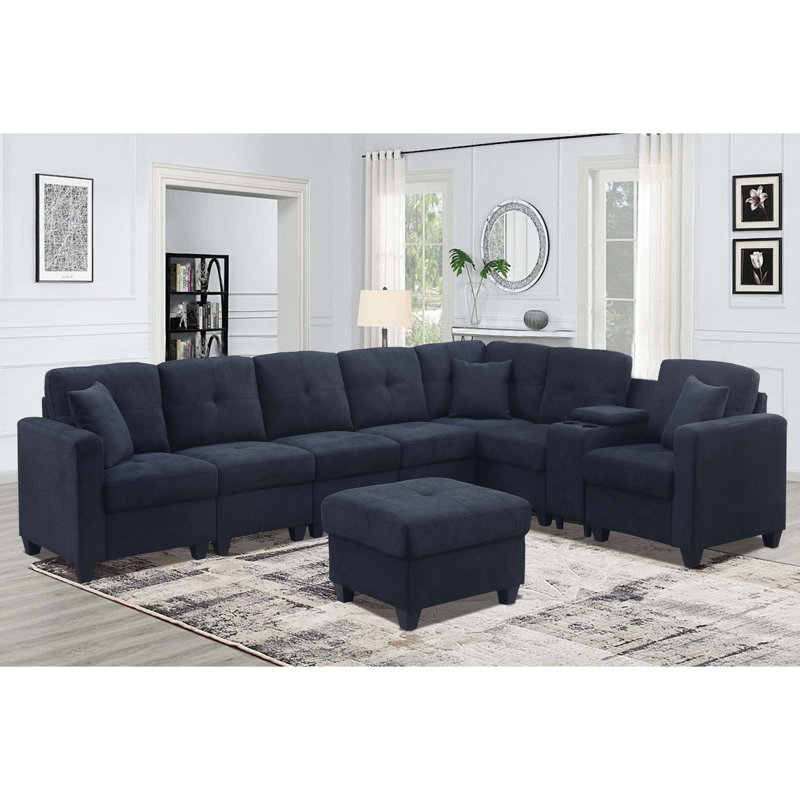 Dark Blue Sectional 7 Microfiber With Soft Velvety Touch High Skin- Cushions Two Cup Holders Solid Wood Frame For Long-Term Durability