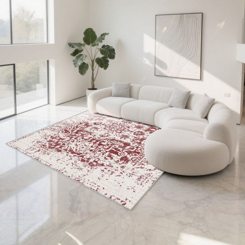 Chezare Vintage Red & Ivory Medallion Rug - Washable, Foldable, Non-Slip Area Carpet for Living Room, Rectangle 5' x 8'