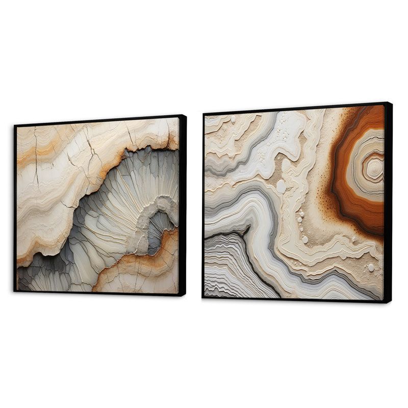Beige And Orange Minimalism Stone Geode - Stone Geode Square Collage Set Of 2, Black Floater Framed, 16" H x 33" W