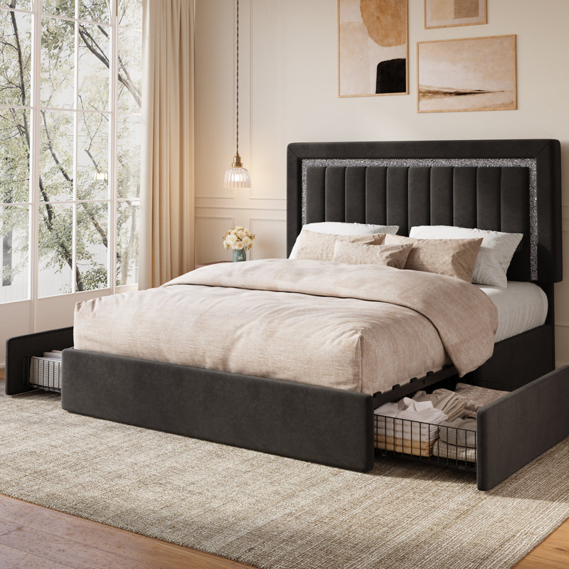 Lit plateforme moderne en velours capitonné avec tête de lit lumineuse DEL réglable, tiroirs de rangement sous le lit, format Queen, sans sommier.