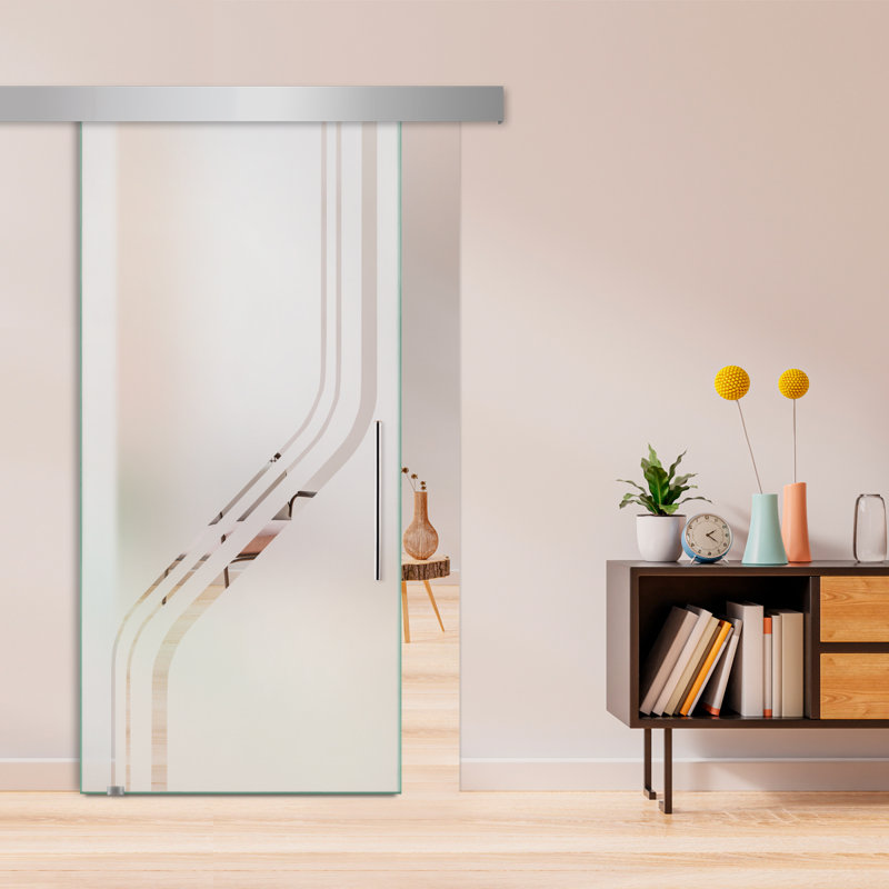 Porte de grange coulissante en verre sans cadre avec design moderne givré + ensemble de quincaillerie (semi-privée)