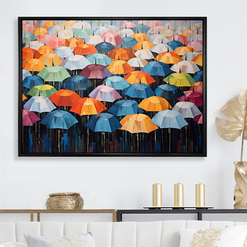 " Rainbow Umbrellas Collage I ", Black Floater Framed, 30" H x 40" W