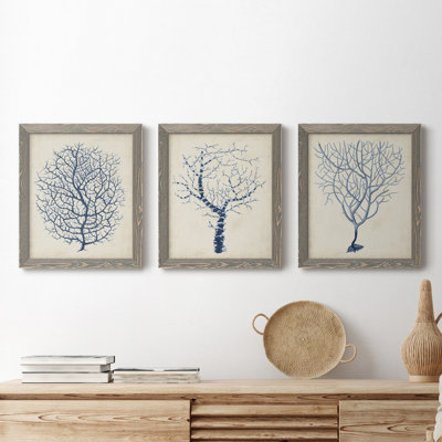 Indigo Coral I - ensemble de 3 peintures sur toile encadrées