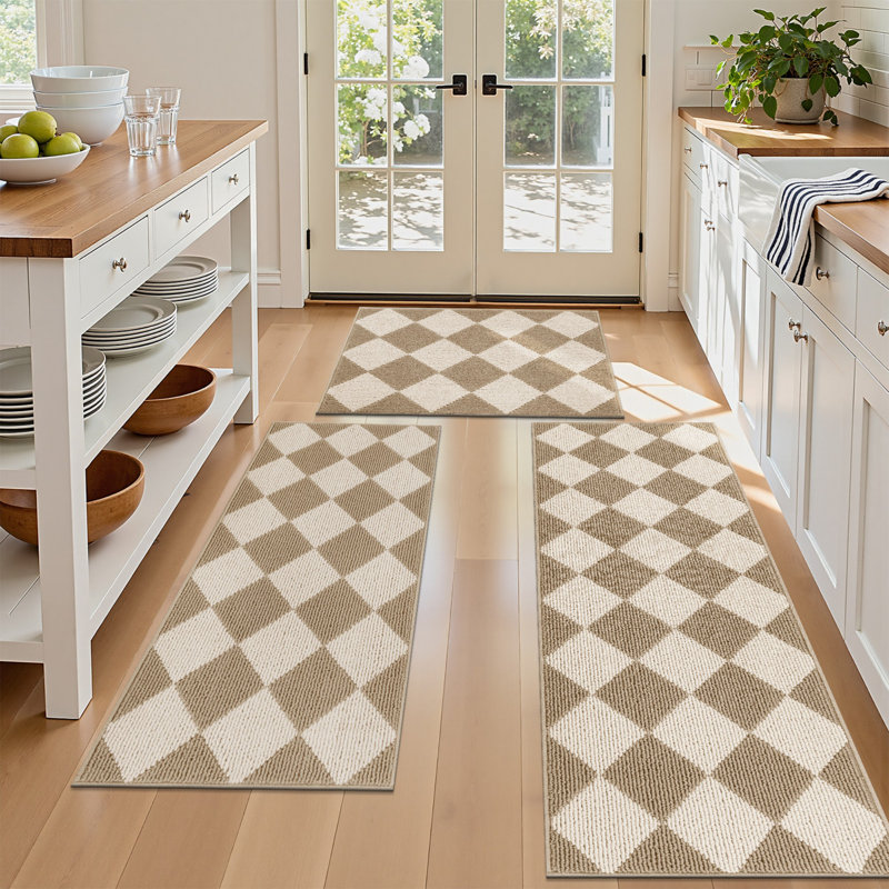 Machine Washable Non-Slip Kitchen Mat, Beige/White
