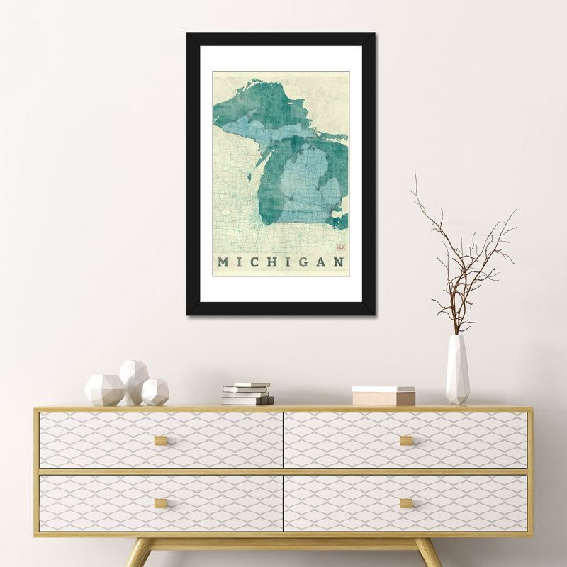 «Michigan Map», impression sur toile, Papier d'art encadré noir, H 24 po x l 16 po x P 1 po, Blanc
