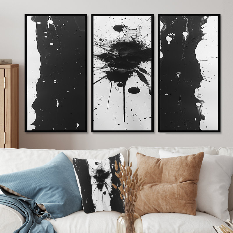«Sudden Chaos», art mural abstrait noir et blanc, encre liquide, H 28 po x l 36 po x P 1 po, Cadre flottant noir