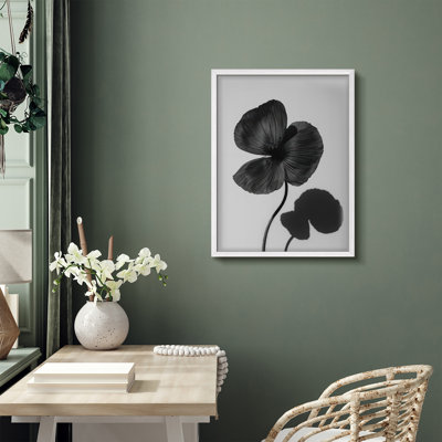 Monochrome Poppy Flower Framed Print Wall Art - Black and White Botanical Illustration with Shadow, Elegant Modern Artwork for Bedroom or Living Room Decor