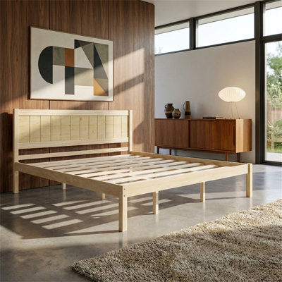 Très grand lit plateforme, cadre de lit (aucun sommier requis), finition blanche, support à lattes de bois