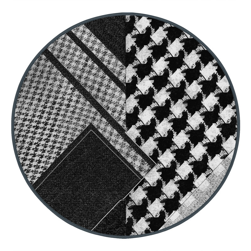Machine Washable Wynsum Preppy Checkered Rug in Gray – Black Binding, 7' Round