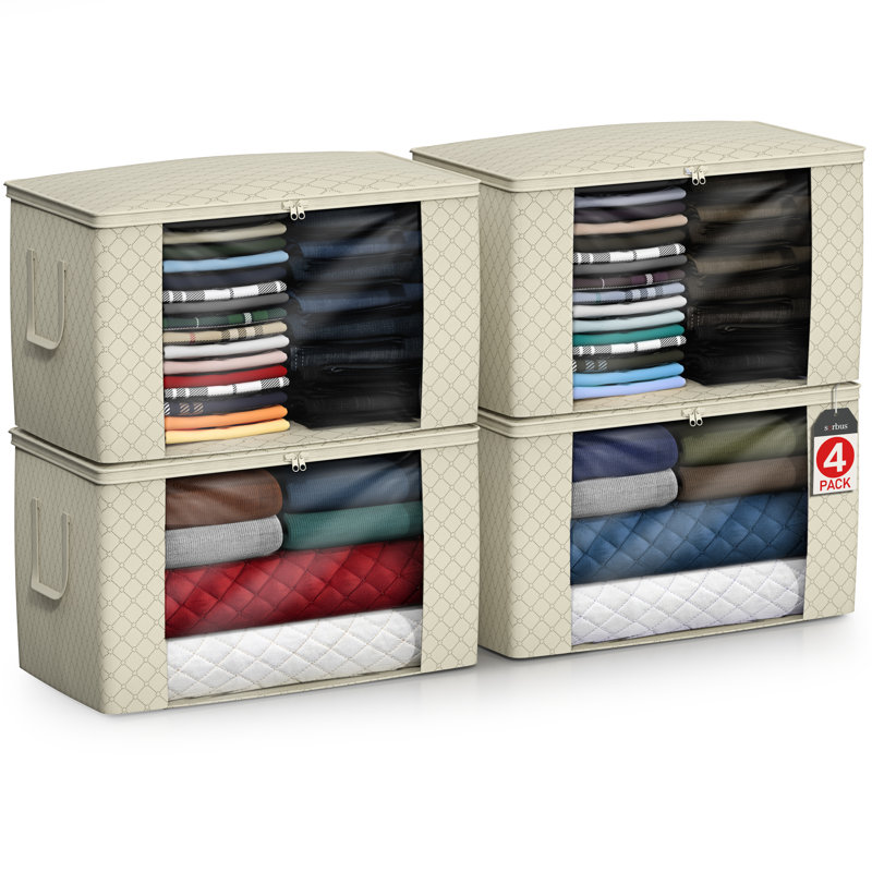 Sorbus Foldable Storage Bag Organizers, Large Clear Window & Carry Handles,  for Clothes, Blankets, Closets, Bedrooms, and more (4 Pack, Beige)