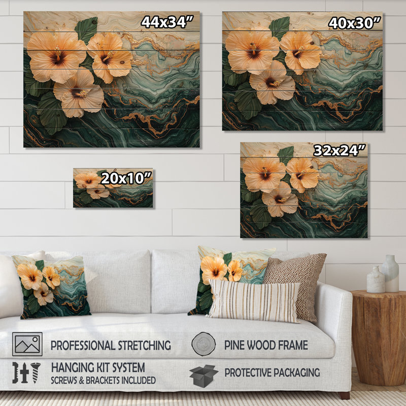 Fleurs d'hibiscus champ sur une pierre émeraude I - décoration murale en bois d'hibiscus - sur bois de pin naturel