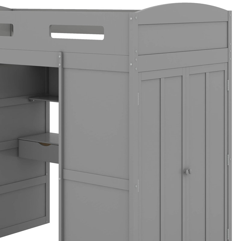 Lit mezzanine avec bureau, garde-robes, 4 tiroirs et 4 tablettes, gris, Simple