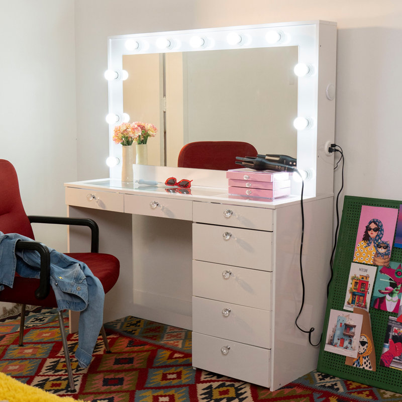 Boahaus Luna Vanity Desk with Framed Bulb Mirror – 7 Drawer Makeup Vanity Designed as an Integrated Dressing Station with Power Outlet