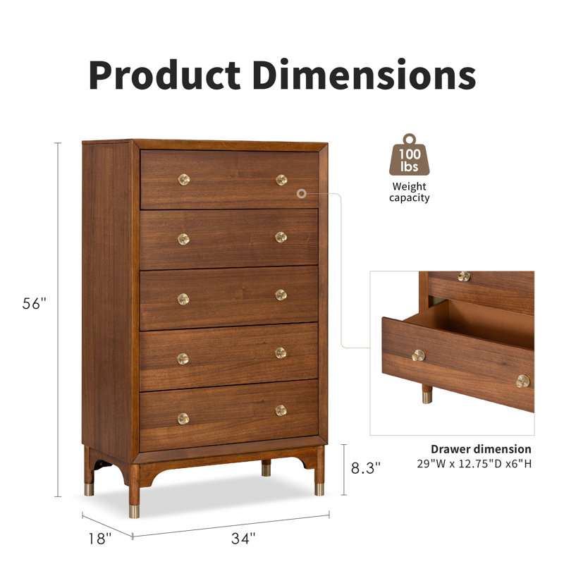 Oberlander 5 Drawer Chest With Metal Ball Bearing Glides, Brown