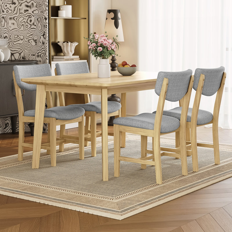 1 table en bois massif et 4 chaises rembourrées, Naturel, Naturel