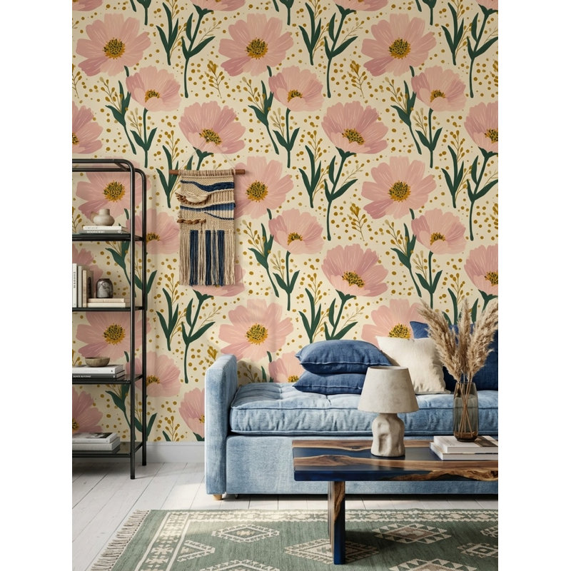 Papier peint floral avec fleurs roses et fond crème amovible, Non tissé, non collé
