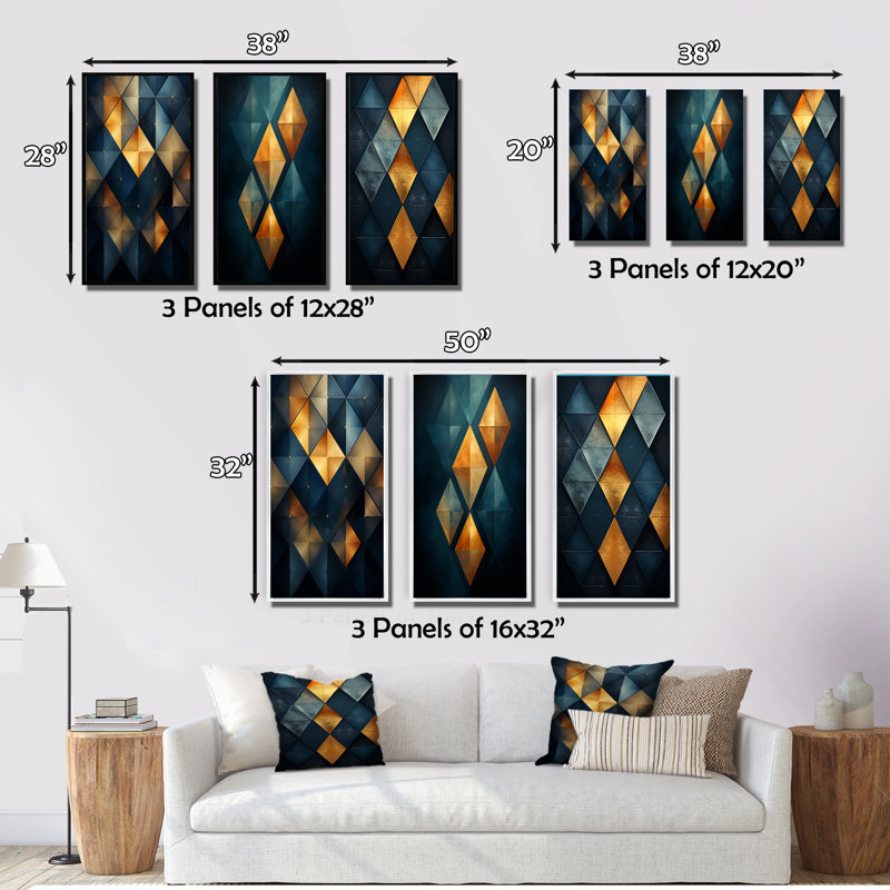 «Golden Diamond Rising On Retro Blue», 3 pièces sur toile, Cadre flottant doré, H 32 po x l 48 po