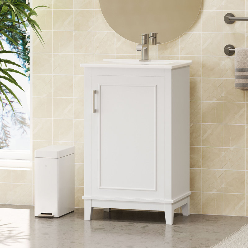 Meuble-lavabo simple autoportant de 20 po avec plateau en céramique, Blanc / Blanc