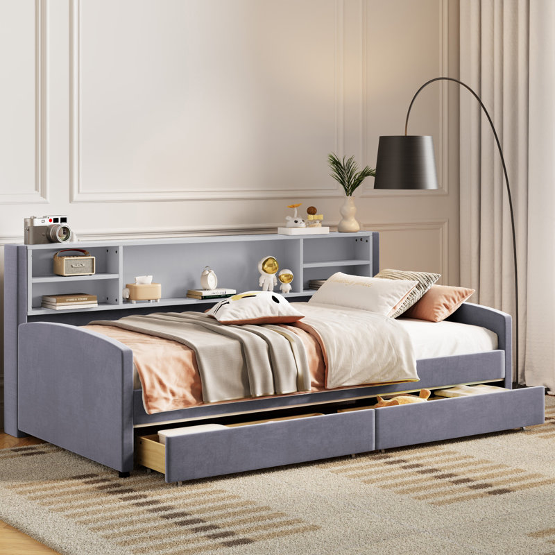 Lit plateforme simple tapissier avec rangement et tiroirs, gris, Gris