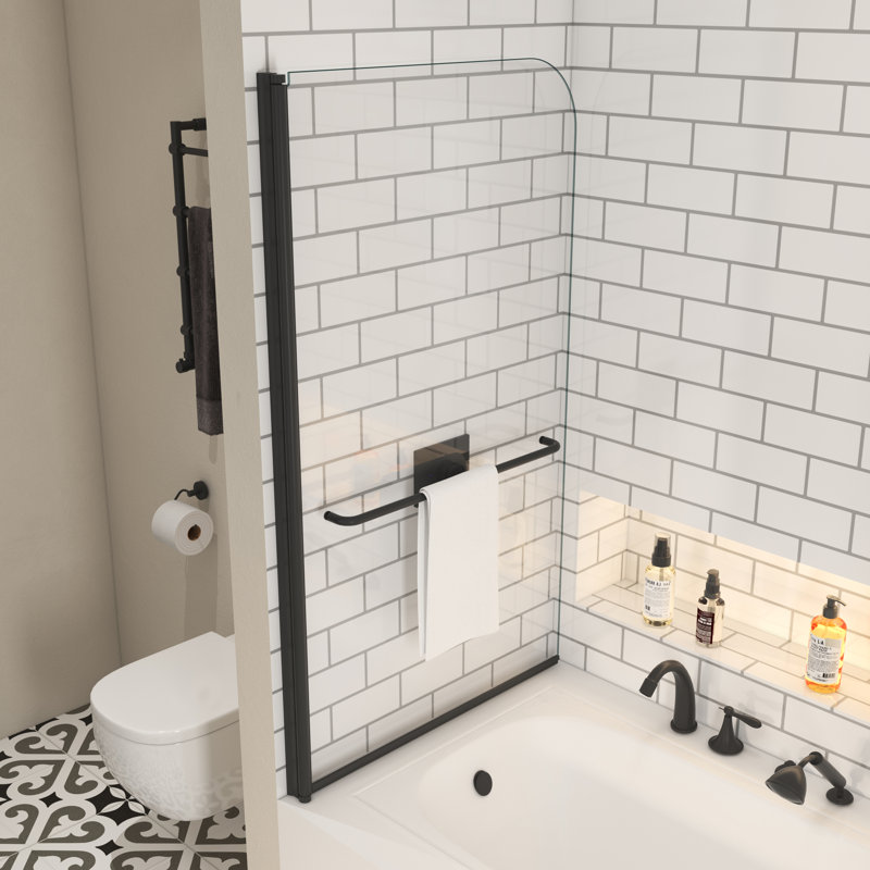 Bath Tub Shower Screen 3458 And Towel Bar - Matte Black For Bathroom 180 Degrees Pivot Door Seal Strip To Leaks Product 1/4" Enclosure Socket Holder Bracket