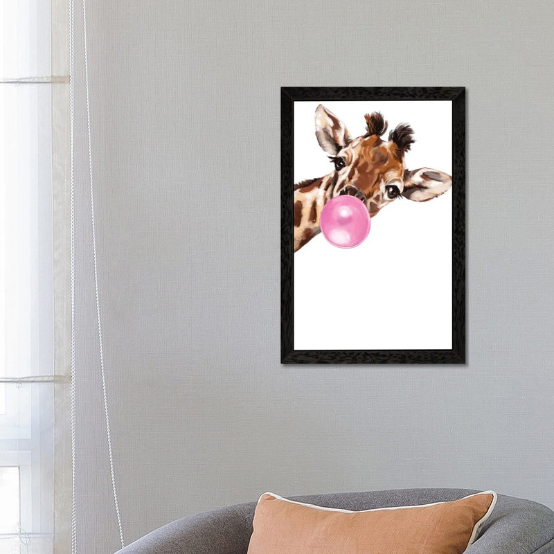 Sneaky Giraffe Blowing Bubble Gum by Big Nose Work - Print on Canvas, 66.04 cm H x 45.72 cm W, Black Framed