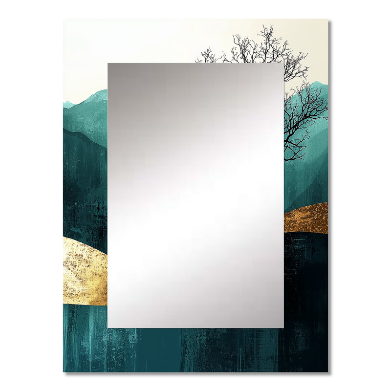 Quiet Bold Tree In Emerald Gold Harmony - Mountains Unique Wall Mirror, Traditional Mirror, Printed Metal Art, 32" x 24"