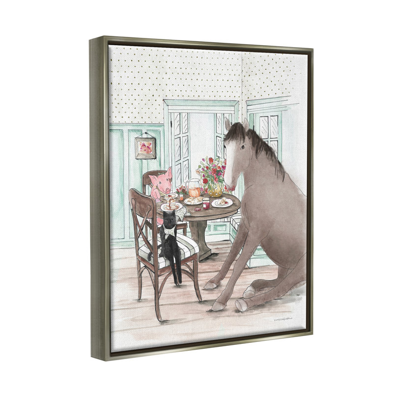 Animaux partageant un repas, impression encadrée sur bois, H 31 po x l 25 po x P 1,7 po, Cadre flottant gris lustré