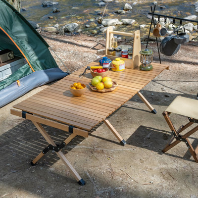 Folding Camping Table Beech Wood Portable Lightweight Roll-up Picnic Table With Carrying Bag For Outdoor, Backyards, Bbq, Beach, Party, Patio(natural Wood & 47.2")