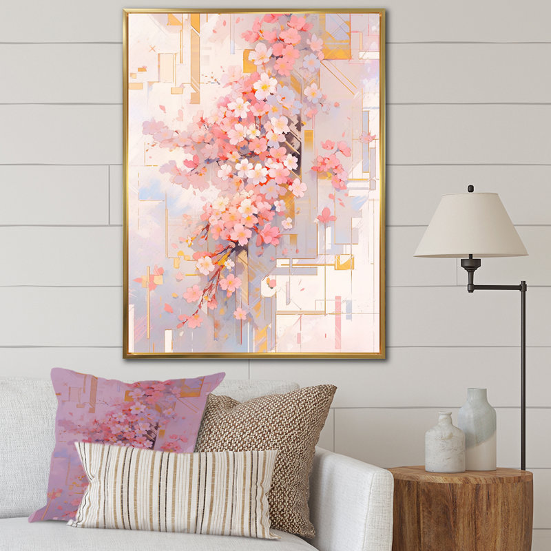 Contemporary Cherry Blossom Bold Stripes - Art mural sur toile Cherry Blossom, Cadre flottant doré