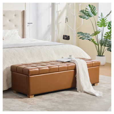 60.2'' Wide Upholstered PU Storage Bench with Tufted Top and Wood Frame, Brown