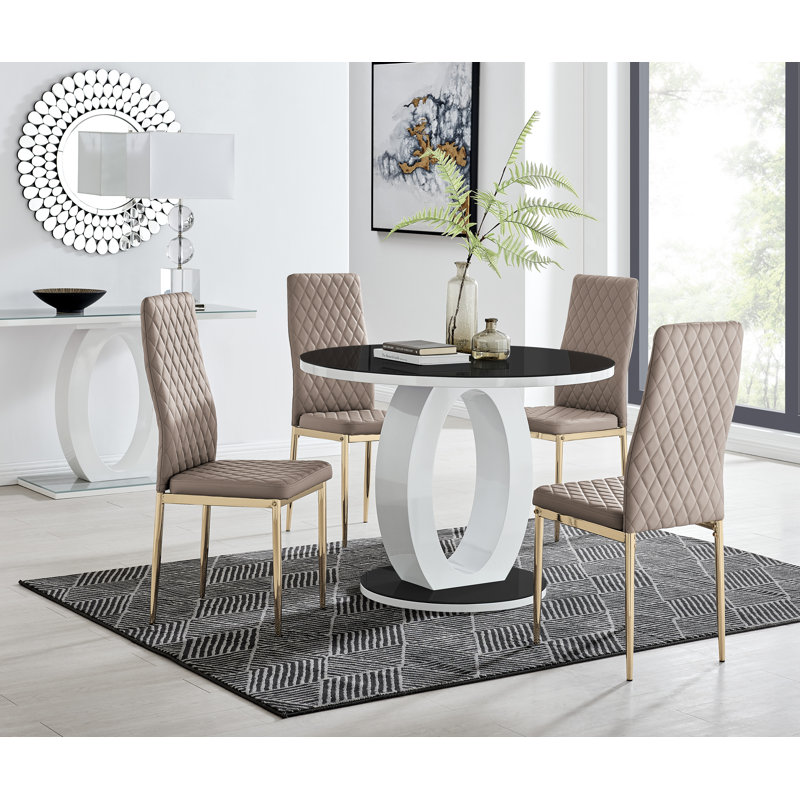 Scottsmoor 6 Seater High Gloss Round Dining Table Set with 6 Luxury Faux Leather Dining Chairs, Black, Cappuccino/Gold