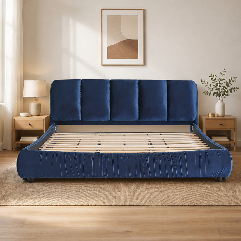 Très grande base de lit tapissier de style très minimaliste avec tête de lit éponge compressée, Bleu très foncé
