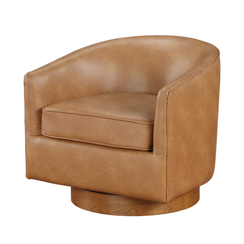 Asmi 29" Wide Swivel Barrel Accent Chair, Light Brown Faux Leather