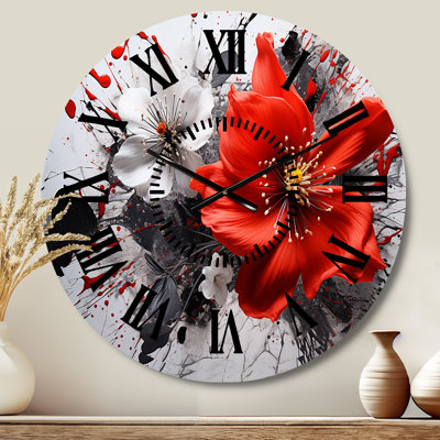 Red Grey Botanical Symphony I - Abstract Botanicals Black Face Wall Clock