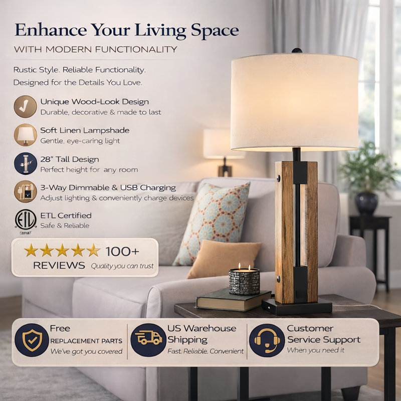 Carlisha 28" Modern Farmhouse Wood Grain Resin Table Lamp with 3-Way Dimmable Lighting and USB Charging Port