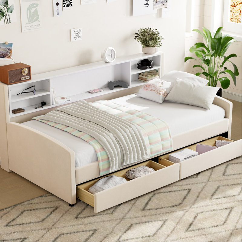 Lit de rangement simple tapissier beige - Intérieur spacieux, plateforme de taille construction avec tissu en velours doux, tête de lit confortable, tiroirs pour literie et vêtements supplémentaires