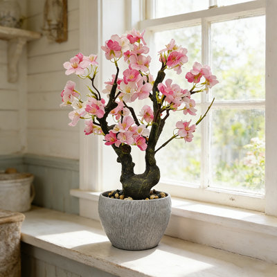16" Artificial Pink Cherry Blossom Tree With Realistic Flowers, Faux Bonsai Plant In Decorative Pot