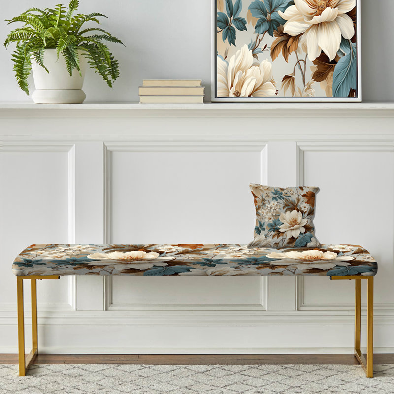 Vintage Florals VII - Plants Upholstered Gold Bench