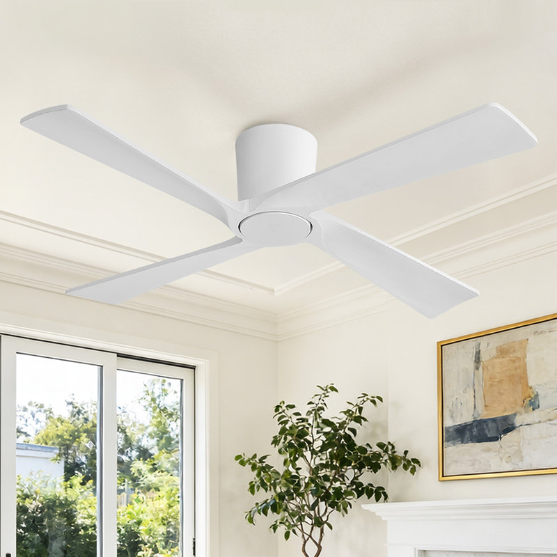 48 in. 4 Solid Wood Blades Dc Motor Indoor Flush Mount Standard Ceiling Fan with Remote, 48" W, White, White