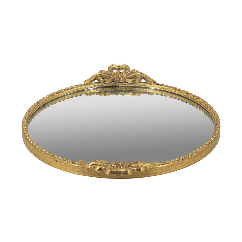 Plateau rond en fer avec cadre doré orné et surface en miroir