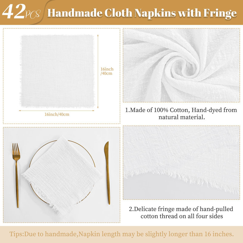 Paquet de 42 serviettes de table en tissu faites à la main avec franges de 16 serviettes de table 16 x 16 pouces